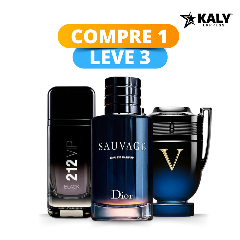 Kit 3 Perfumes Masculinos Importados (100ml cada) - Sauvage Dior l Invictus Victory l 212 VIP Black [ PROMOÇÃO POR TEMPO LIMITADO]