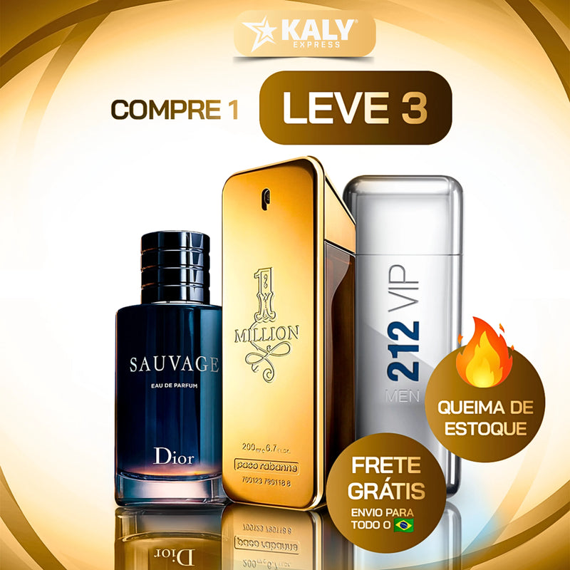 Kit 3 Perfumes Masculinos Importados (100ml) - 1 million | 212 vip | Sauvage dior - [QUEIMA DE ESTOQUE NATAL]