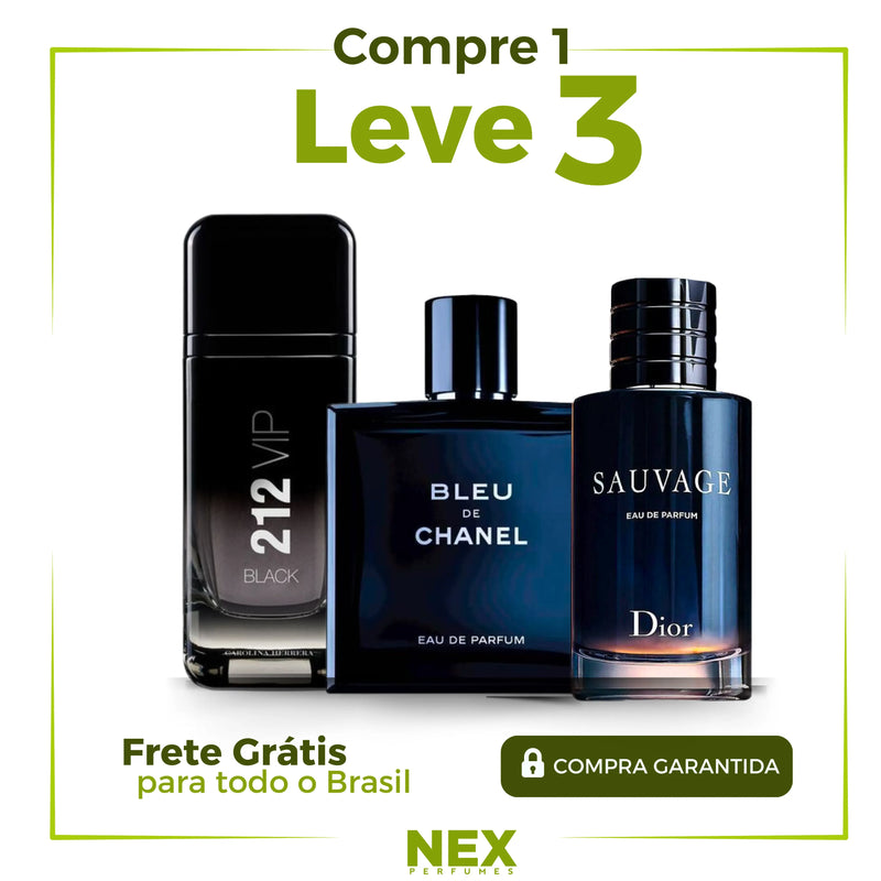 Kit 3 Perfumes Masculinos Importados (100ml cada) - Sauvage Dior l Bleu de Chanel l 212 VIP Black [ ÚLTIMAS UNIDADES PARA REVENDA)